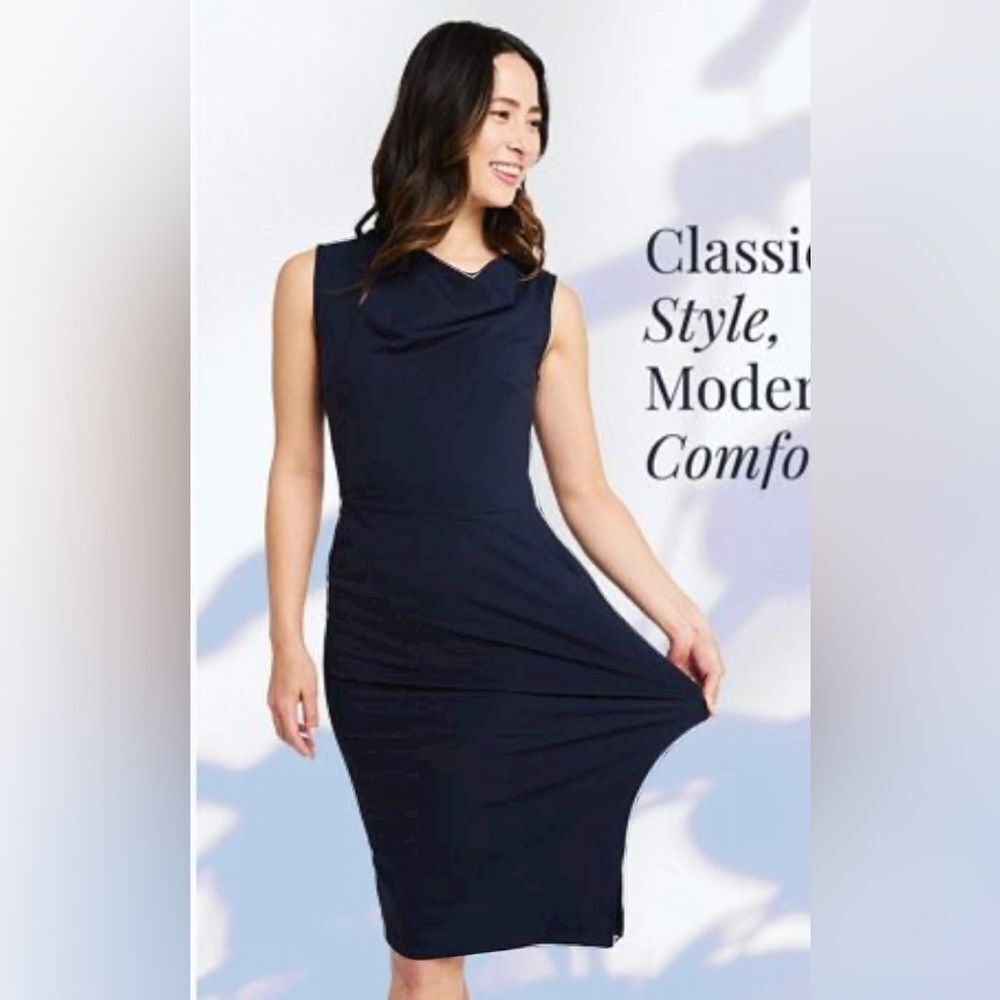 Betabrand Women's Navy Blue Cowl Neck Stretch Travel Sheath Dress- Size Small